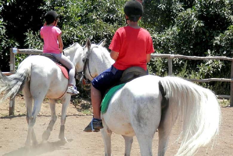Crianças montadas em pôneis